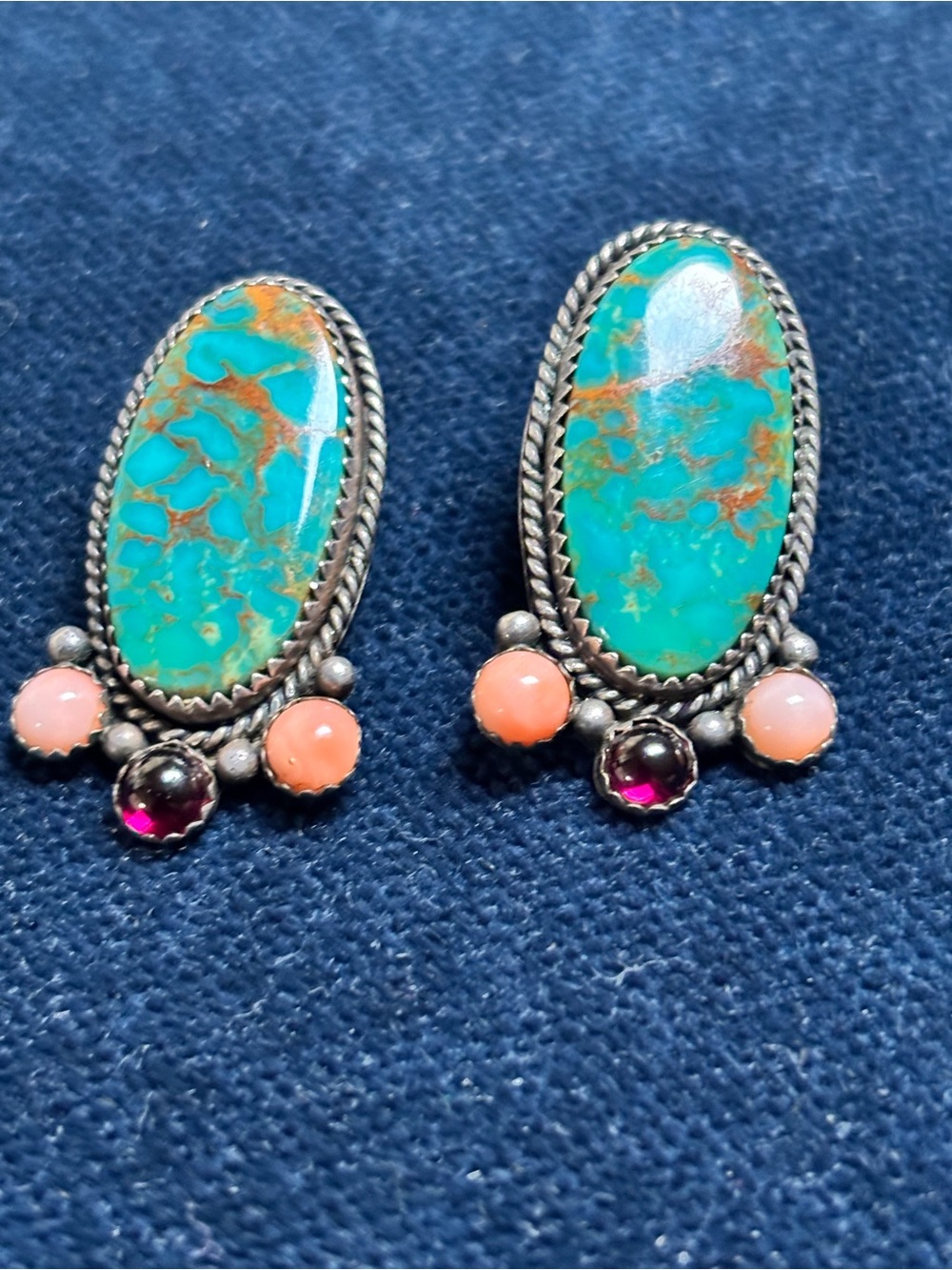 ✨Vintage Old Pawn Royston Turquoise, Garnet and Coral Earrings✨ - Picture 1 of 5